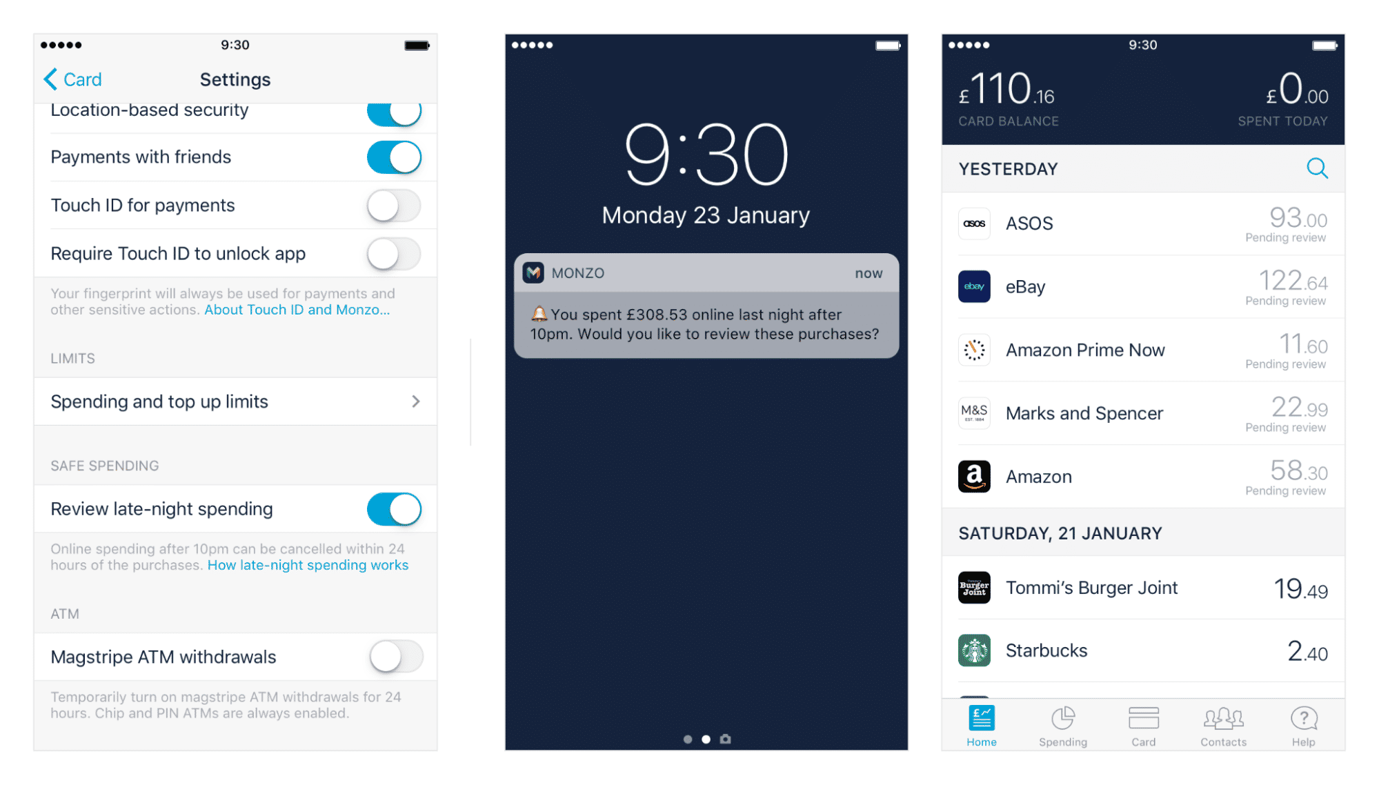 Three screenshots of Monzo's proposed feature that lets users turn on the option to review late-night spending, a notification prompting the user to review purchases and a summary of all purchases.